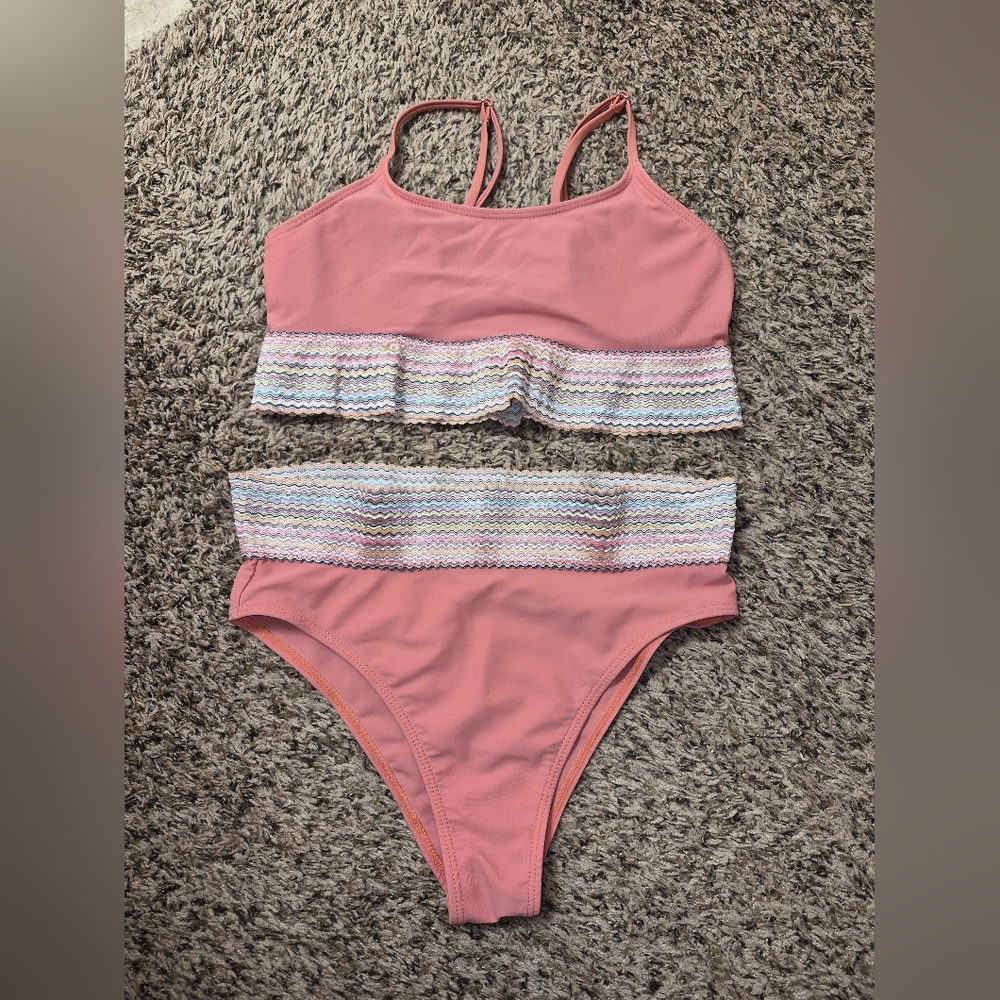 Coral Bikini Set with Multicolor Trim